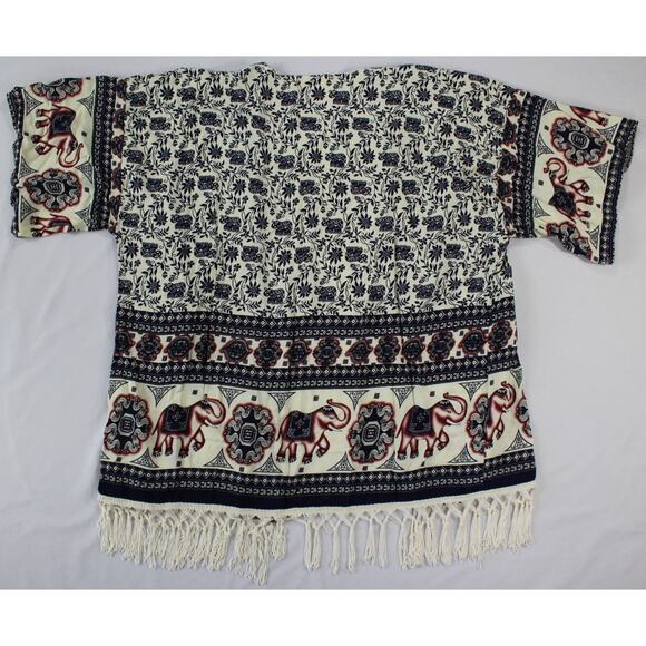 Selfie Couture Elephant Print Kimono Cardigan M/L Boho Fringe Cover Up - Picture 2 of 6